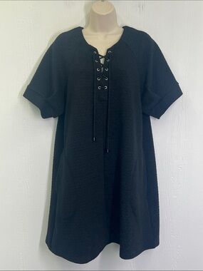 Entro - Black Textured Short Sleeve Half Tie Boho Mini Dress Size Medium